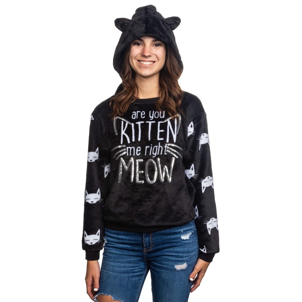 Junior's "Are U Kitten Me Right Meow?" Plush Cat Sweatshirt & Hat XS S M L NWT